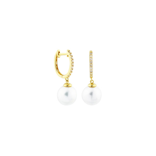 White South Sea Pearl Drop Earrings in 18K Yellow Gold