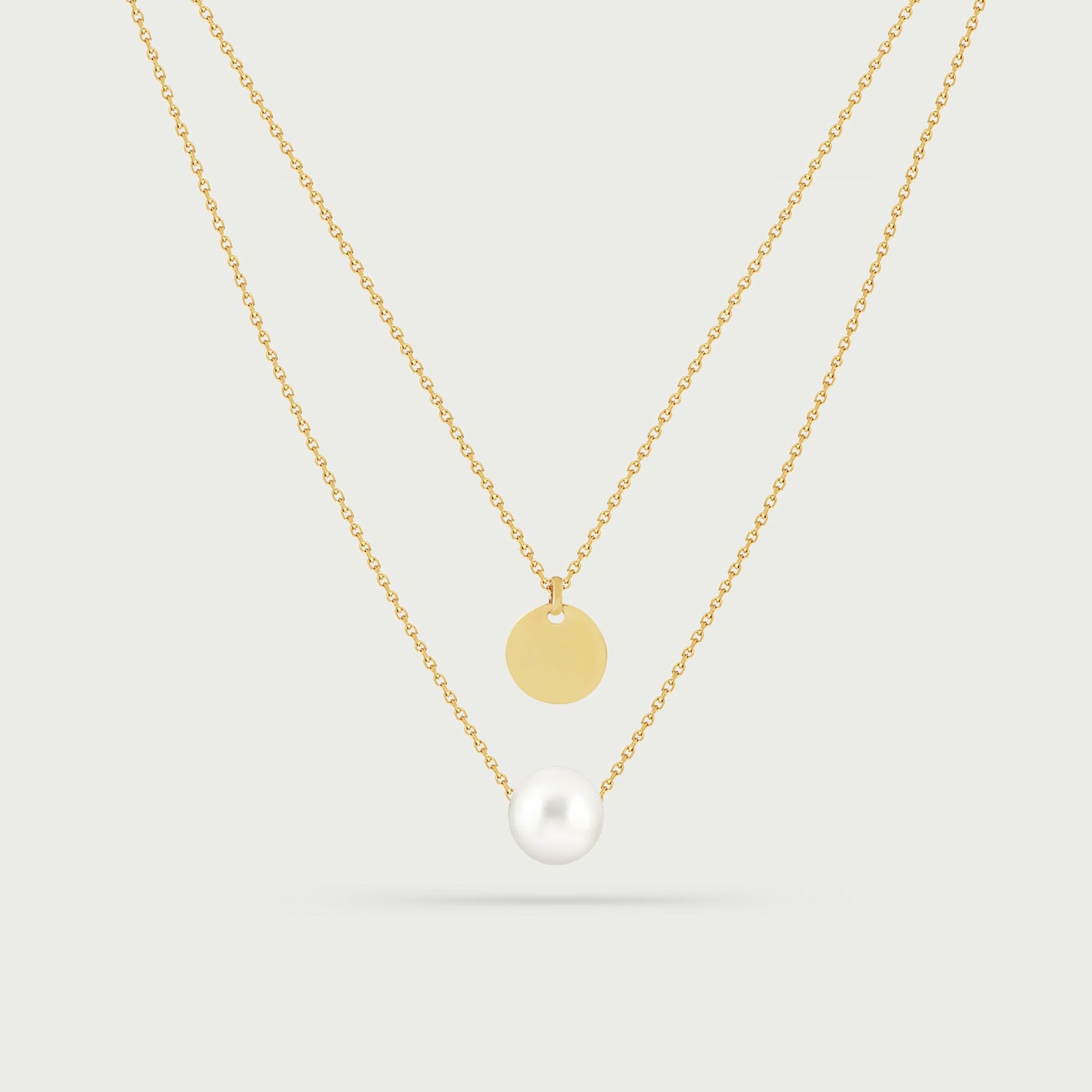 Two-Layer Necklace with Fresh Water Pearl and Engravable Disc Charm