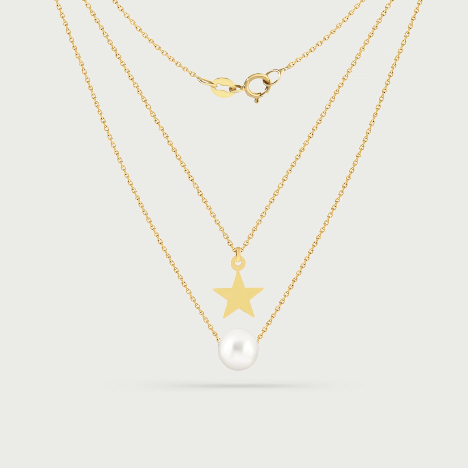Two-Layer Necklace with Fresh Water Pearl and Engravable Star Charm