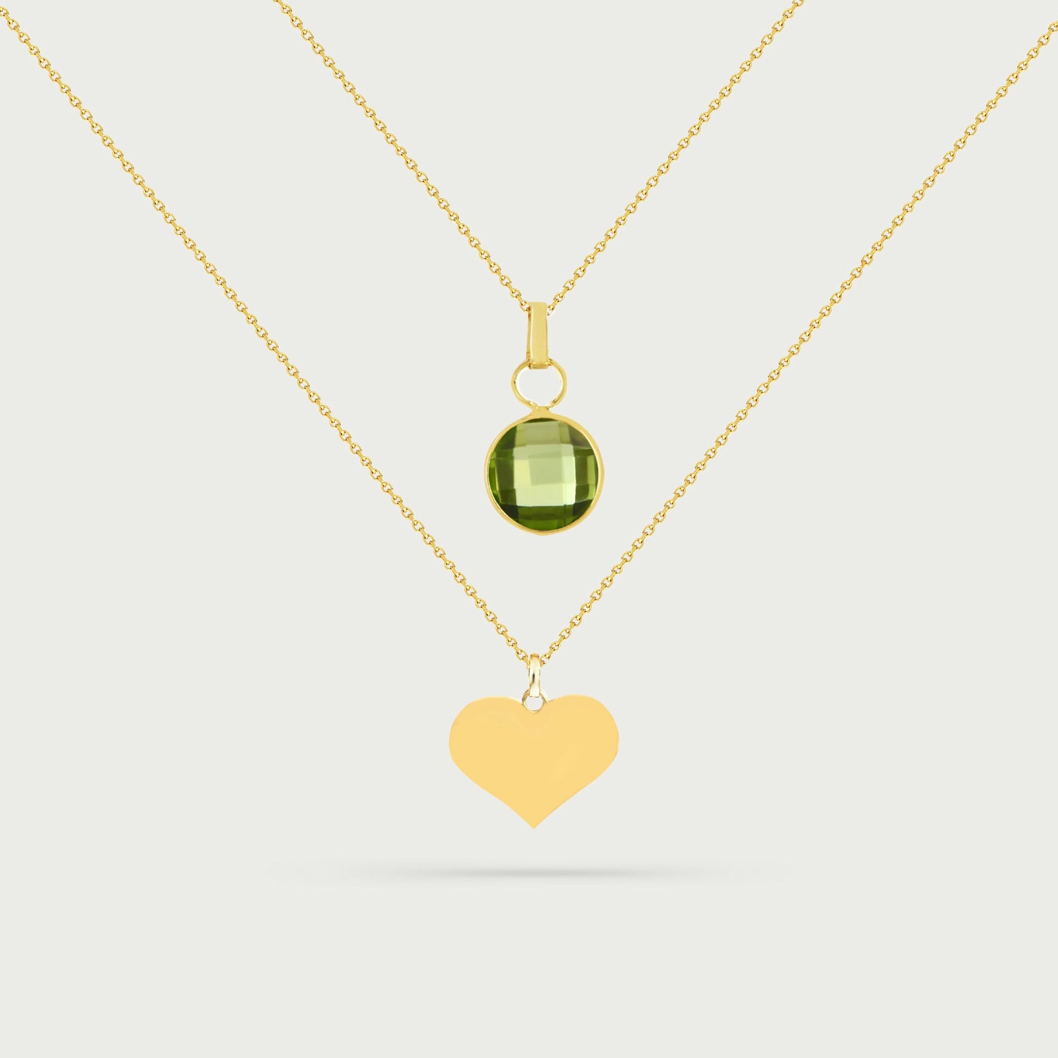 Two-Layer Yellow Gold Necklace with Birthstone Charm and Engravable Heart