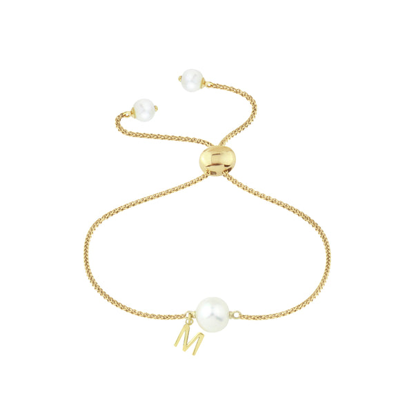 White Freshwater Pearl Friendship Initial Bracelet in 14K Yellow Gold