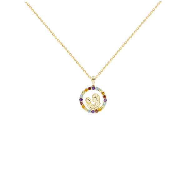 14K Italian Gold Mother and Child Necklace with 0.66ct Multicolored Gemstones