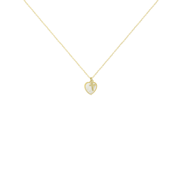 Heart Mother of Pearl with Cross Necklace in 14K Yellow Gold
