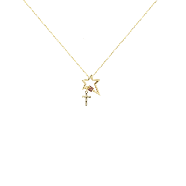 Cross in 18K Yellow Gold Star Carabiner Necklace