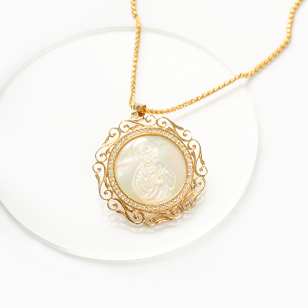 14K Italian Gold Rounded Mother of Pearl Sacred Heart of Jesus with Cubic Zirconia Pendant