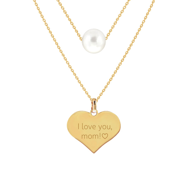 I love you, Mom!  Two-Layer Pearl Necklace in Yellow Gold
