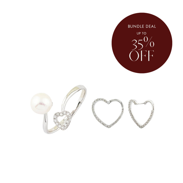 Bundle Deal: Happy Heart Diamond Hoop Earrings and Radiant Unison of Pearl and Halo Heart White Gold Ring