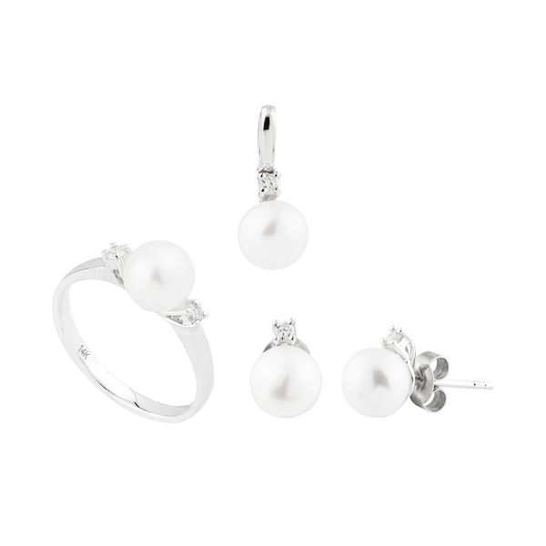 White Freshwater Pearl with Diamond Bridal Set