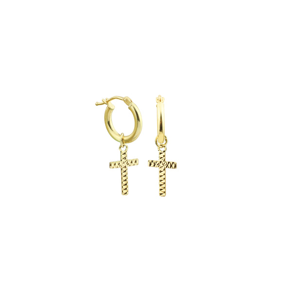 Hoop Earrings with Cross Charm in 18K Yellow Gold