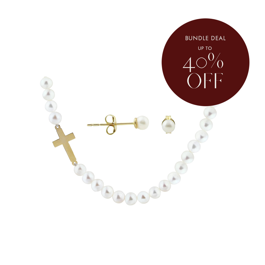 Bundle Deal: Freshwater Pearl Necklace with Cross Sideway Pendant in 14K Yellow Gold, The Sea is Calling Stud Earrings