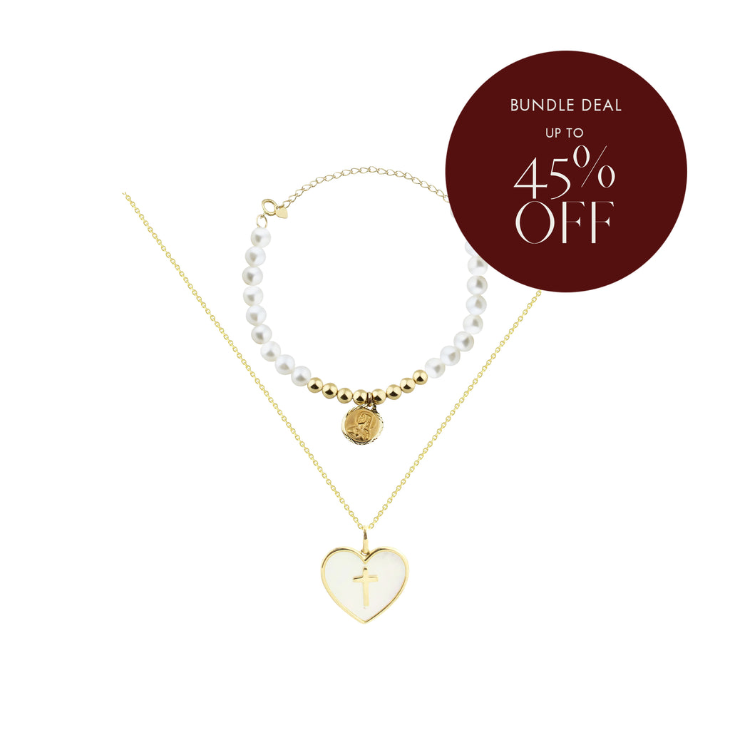 Bundle Deal: Our Lady of Perpetual Help in 14K Yellow Gold Freshwater Pearl Bracelet and Mother of Pearl Heart with Cross Necklace