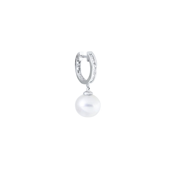 White South Sea Pearl Drop Hoop Earrings with Single Row Diamond