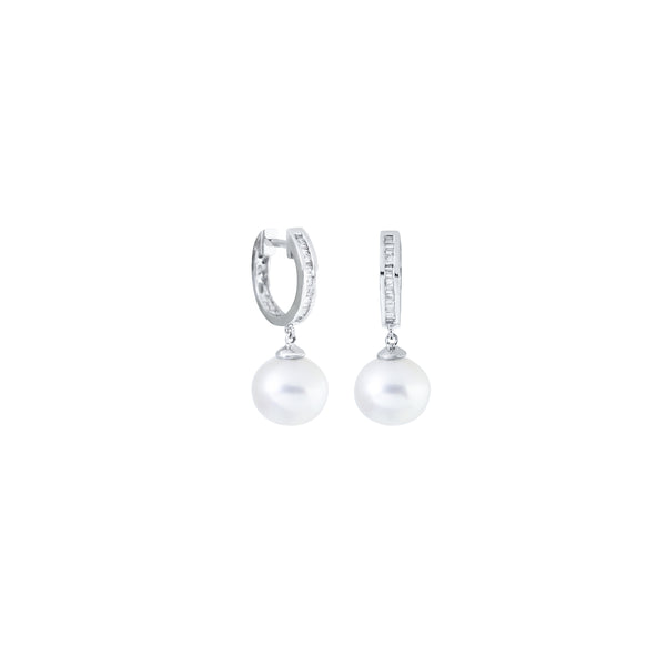 White South Sea Pearl Drop Hoop Earrings with Single Row Diamond