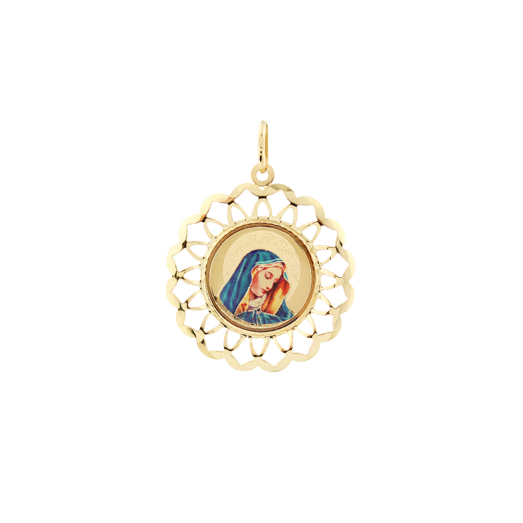 Mother Mary Enamel Round-Shaped Pendant in 18K Saudi Gold