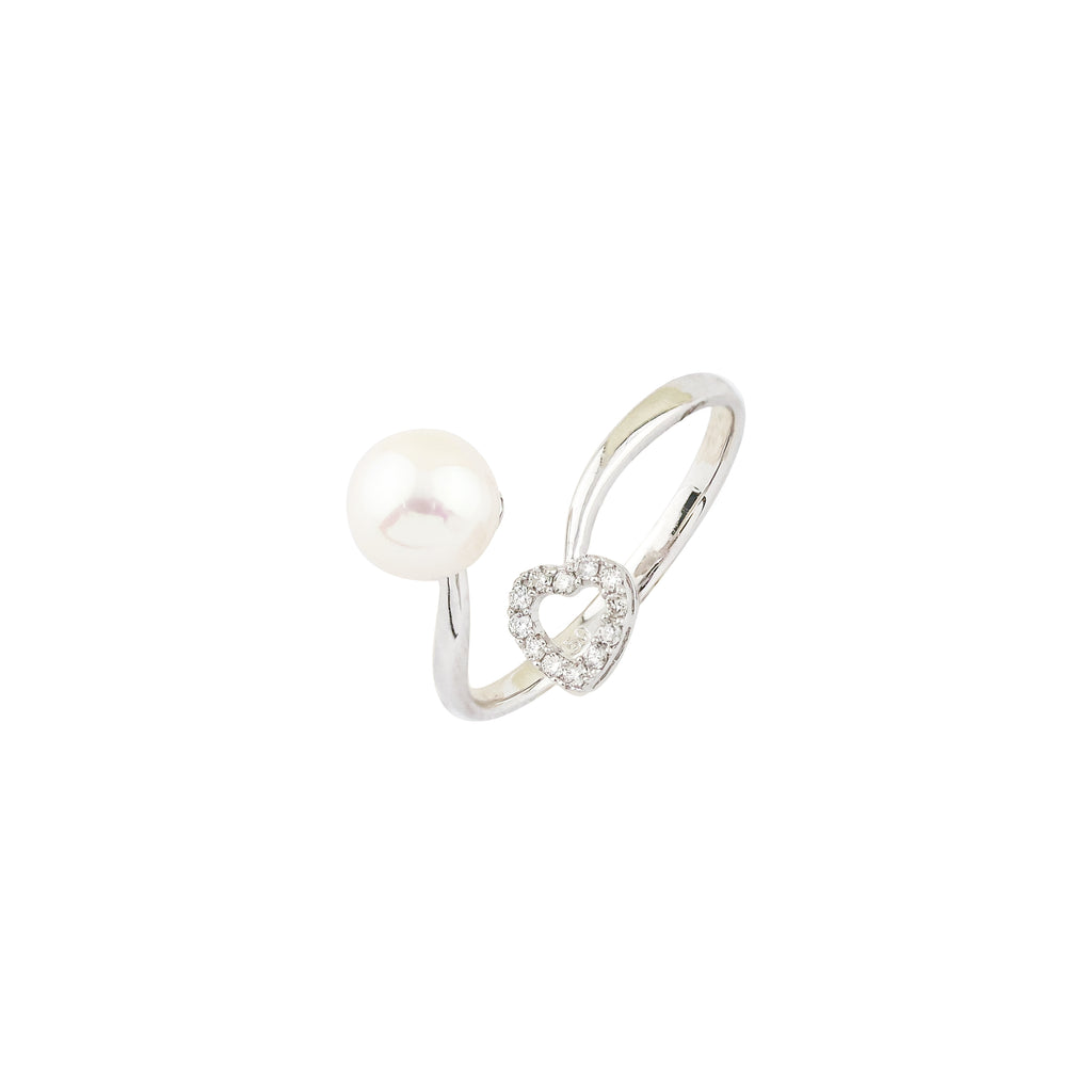 Radiant Unison of Pearl and Halo Heart White Gold Ring