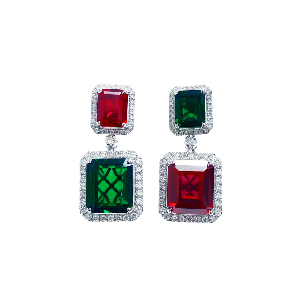 Contrast Emerald and Ruby Emerald-Cut Dangling Earrings