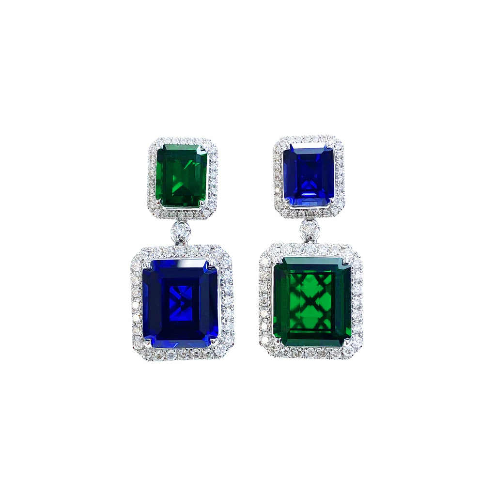 Contrast Emerald and Sapphire Emerald-Cut Dangling Earrings