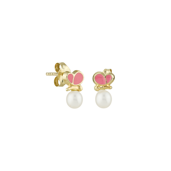 Pink Butterfly with Pearl Stud Earrings in 14K Yellow Gold