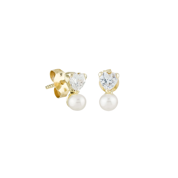 Heart CZ with Pearl Stud Earrings in 14K Yellow Gold