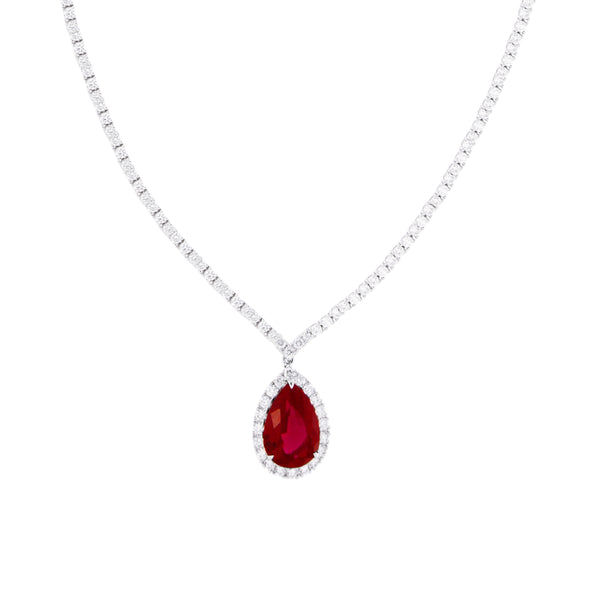 V-Shaped Diamond Tennis Necklace  with Pear-Shaped Ruby Pendant