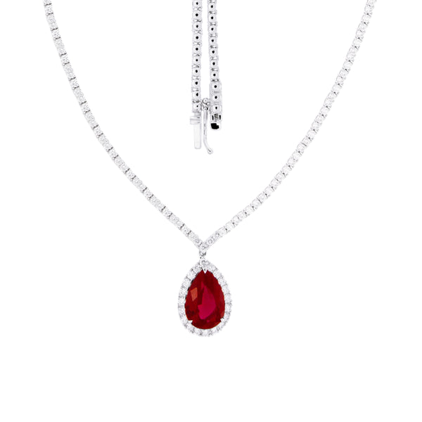 V-Shaped Diamond Tennis Necklace  with Pear-Shaped Ruby Pendant