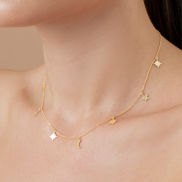 14K Yellow Gold Necklace with Celestial Charms