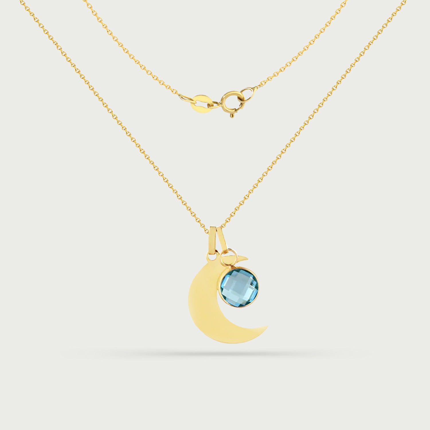 Yellow Gold Crescent Moon Necklace with Birthstone Charm