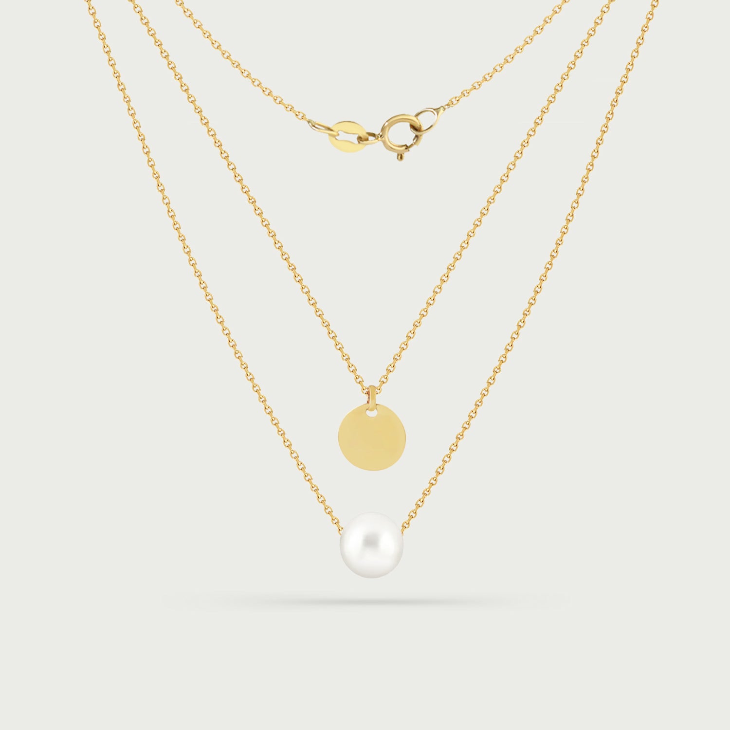 Two-Layer Necklace with Fresh Water Pearl and Engravable Disc Charm