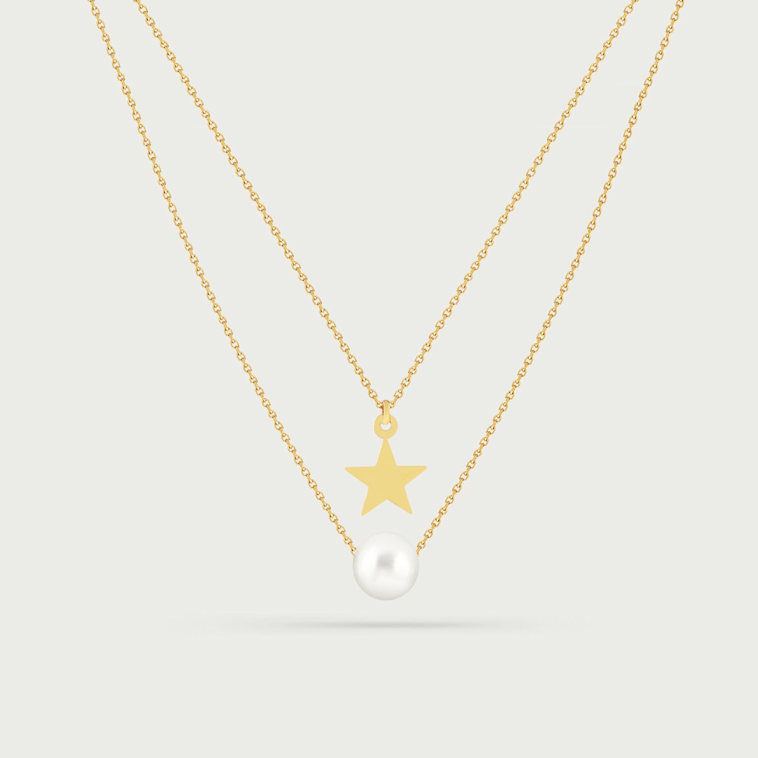 Two-Layer Necklace with Fresh Water Pearl and Engravable Star Charm