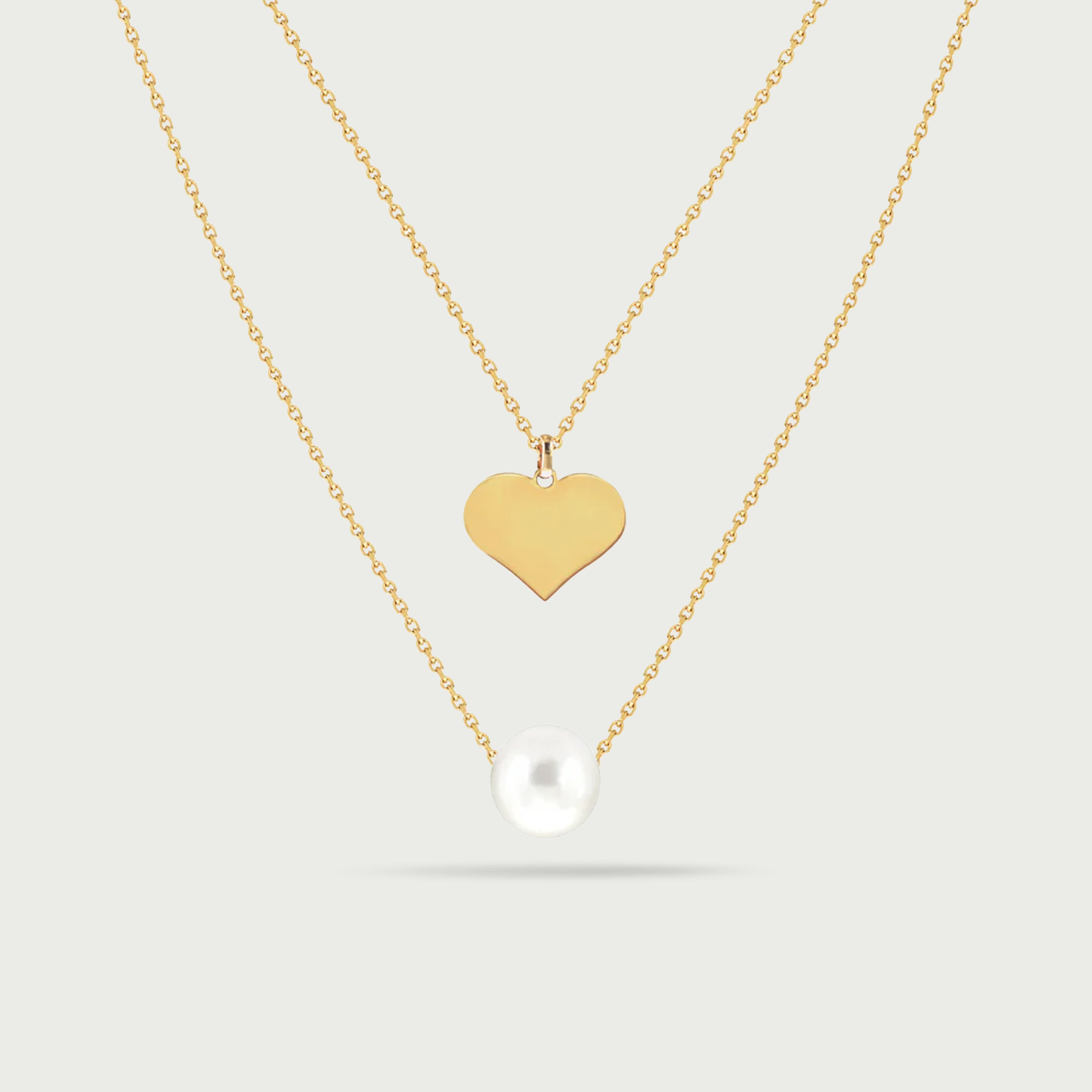 Two-Layer Necklace with Fresh Water Pearl and Engravable Heart Charm