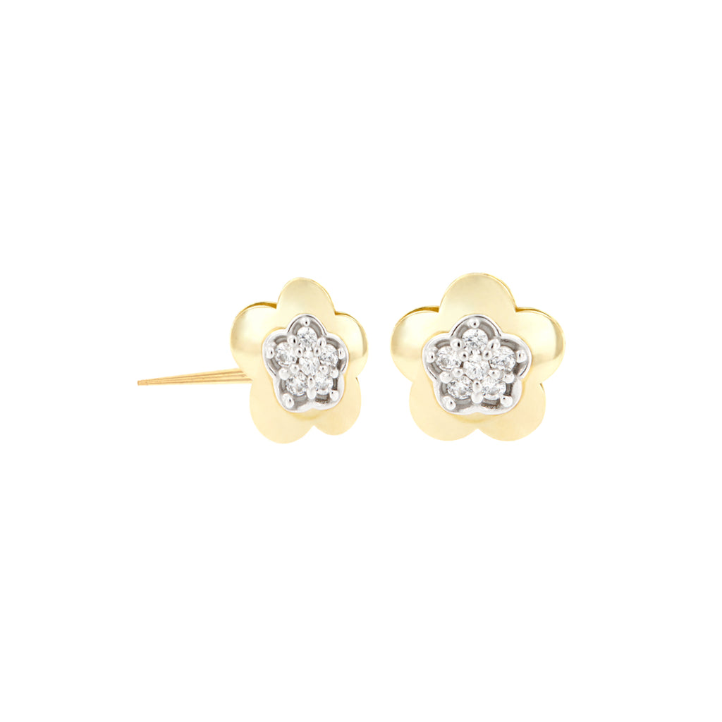 14K Italian Gold Flower with Cubic Zirconia Stud Earrings