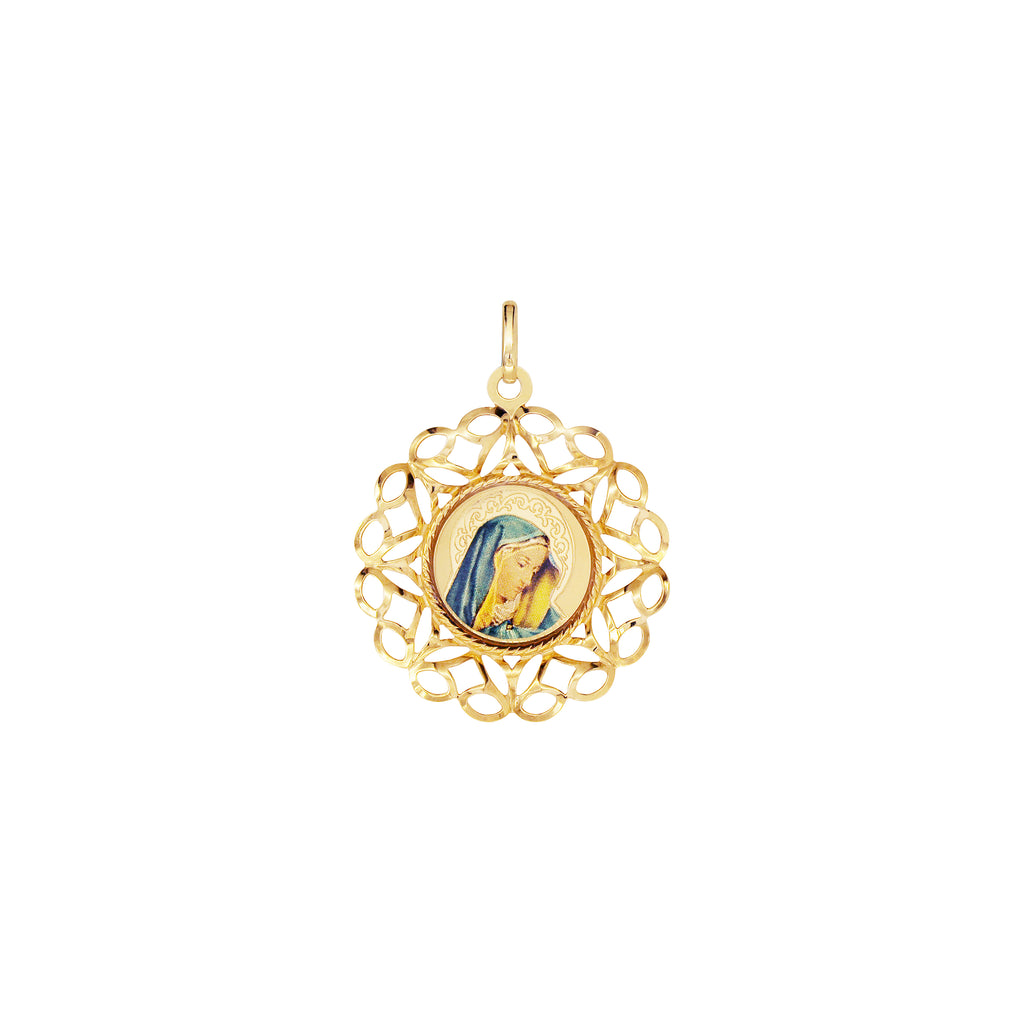 18K Saudi Gold Mother Mary in Lace and Enamel Pendant