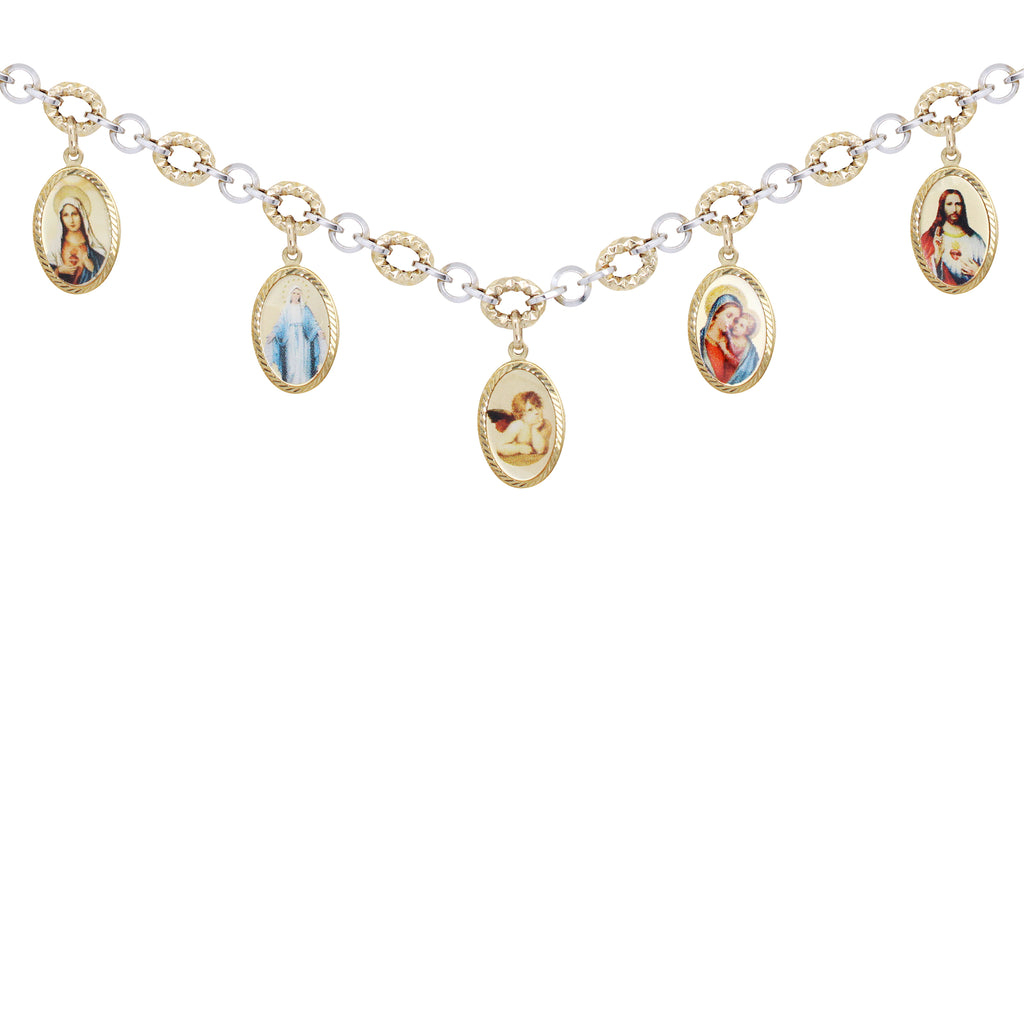 14K Italian Gold Necklace with Sacred Heart of Jesus, Miraculous Mary and Angel charms