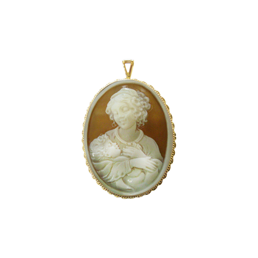 Handcrafted Mother and Child Cameo in 14K Yellow Gold