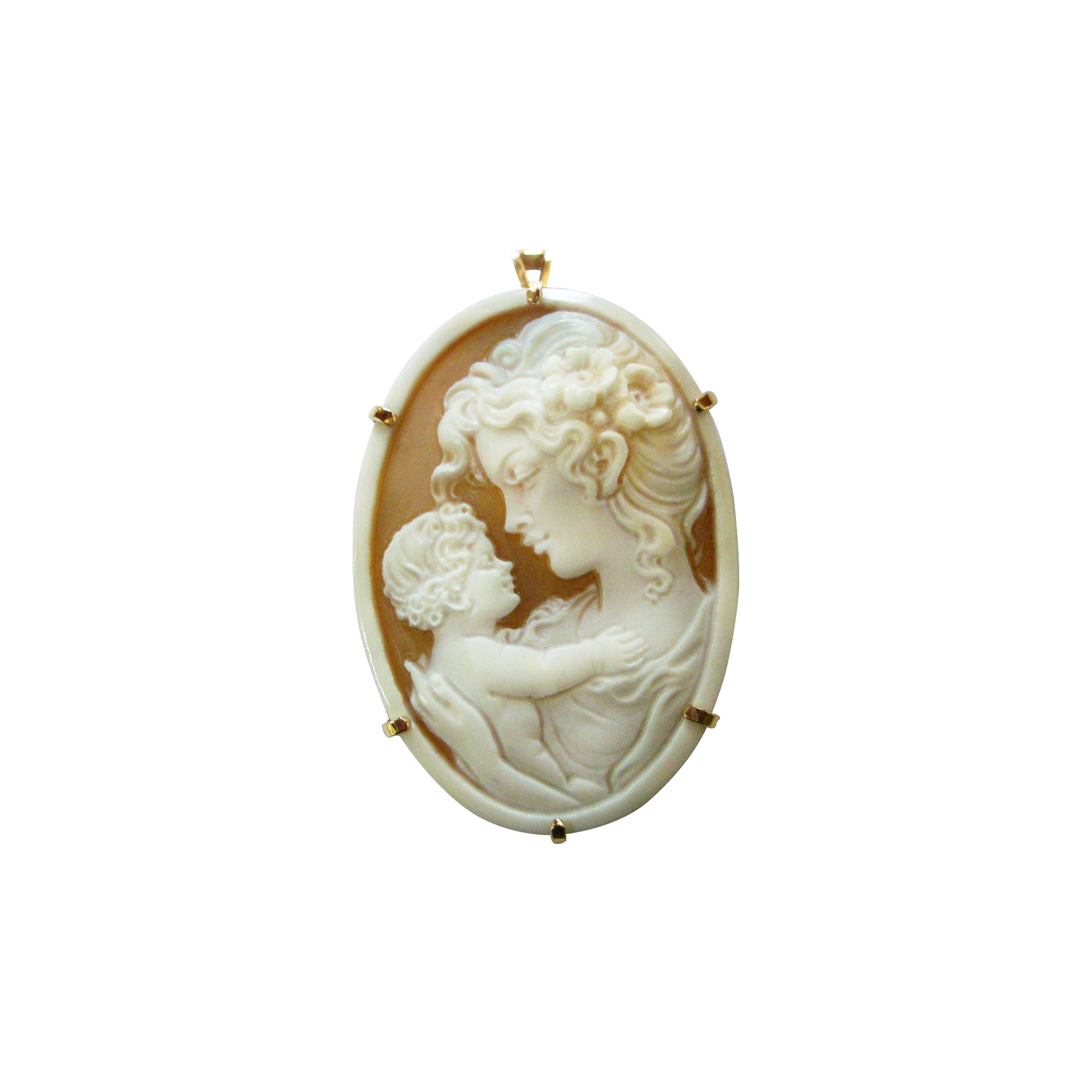 Handcrafted Mother and Child Cameo in 14K Yellow Gold