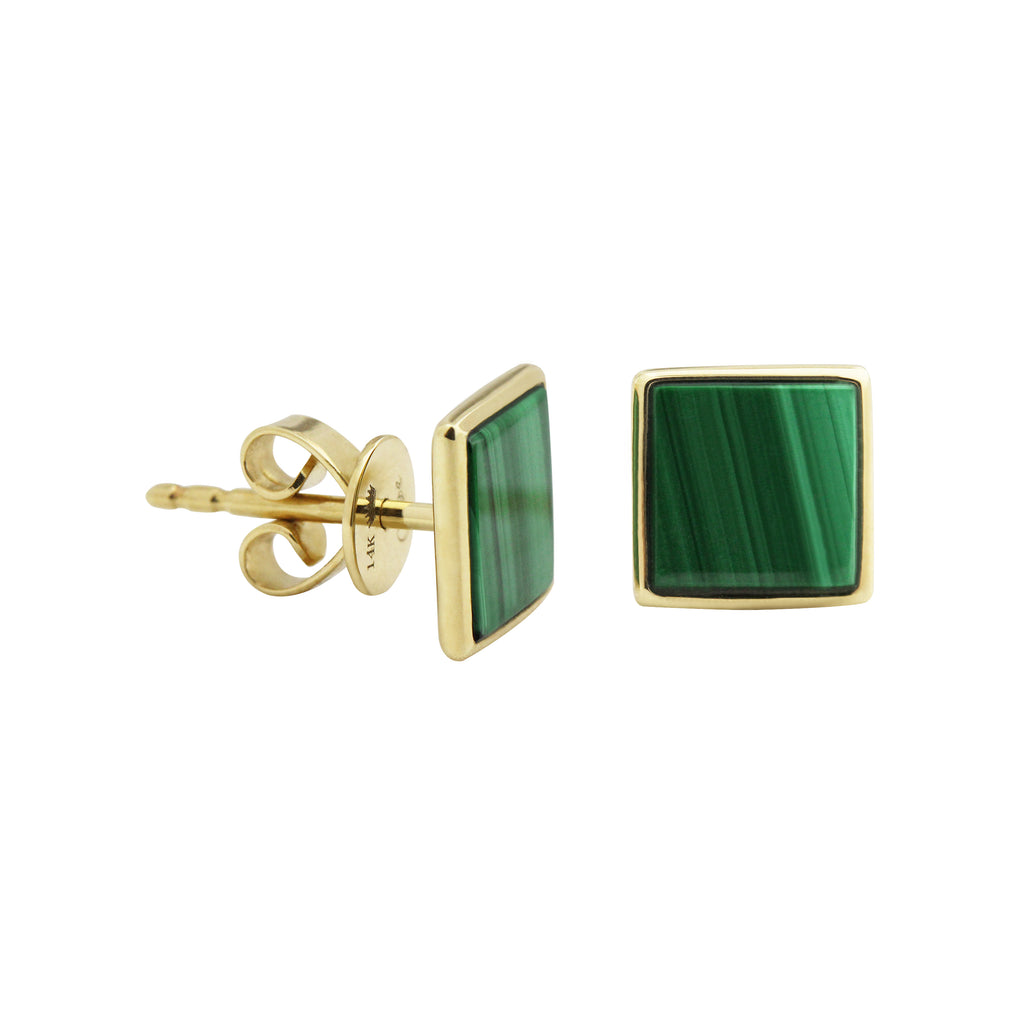 Square Malachite Stud Earrings in 14K Yellow Gold