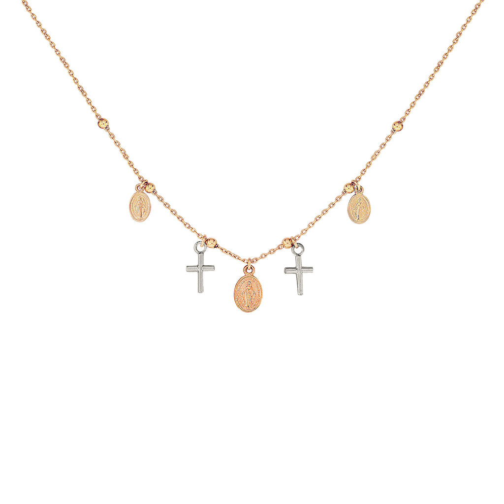 18K Italian Gold Cross and Miraculous Mary Charm Necklace