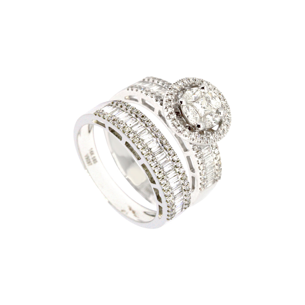 2-in-1 Marquise with Halo Solitaire and Baguette Diamond Eternity Ring in 14K White Gold