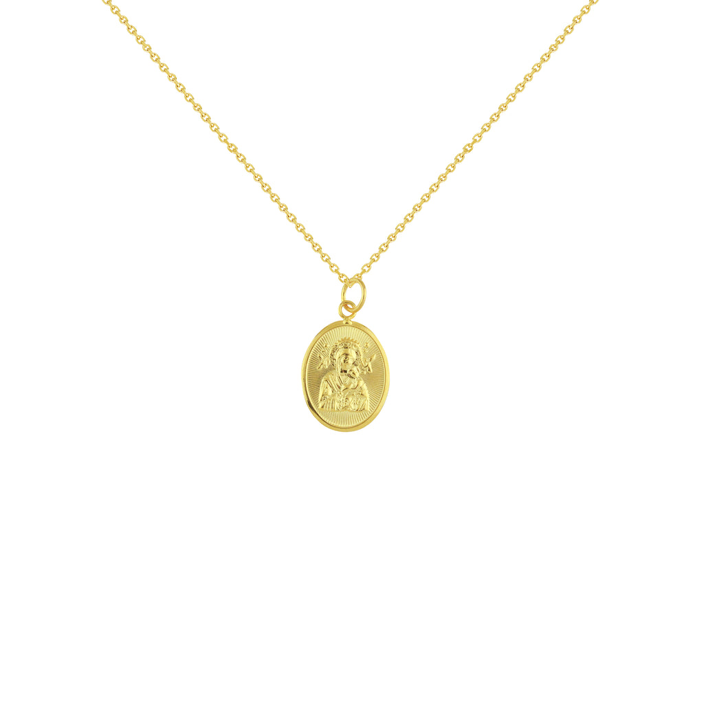 18K Chinese Gold Necklace with Oval Reversible Sacred Heart of Jesus and Mother of Perpetual Help Pendant