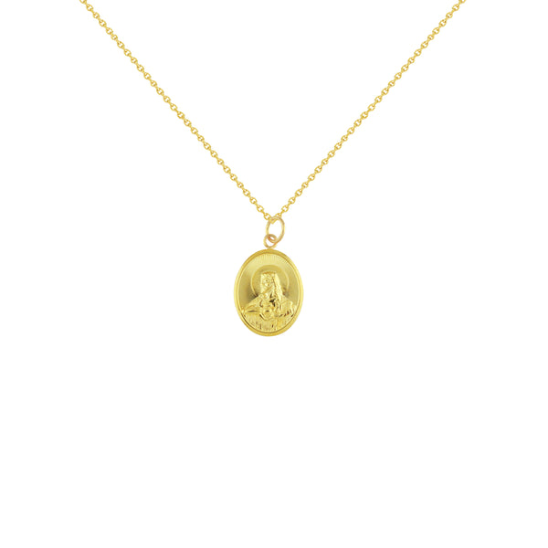 18K Chinese Gold Necklace with Oval Reversible Sacred Heart of Jesus and Mother of Perpetual Help Pendant