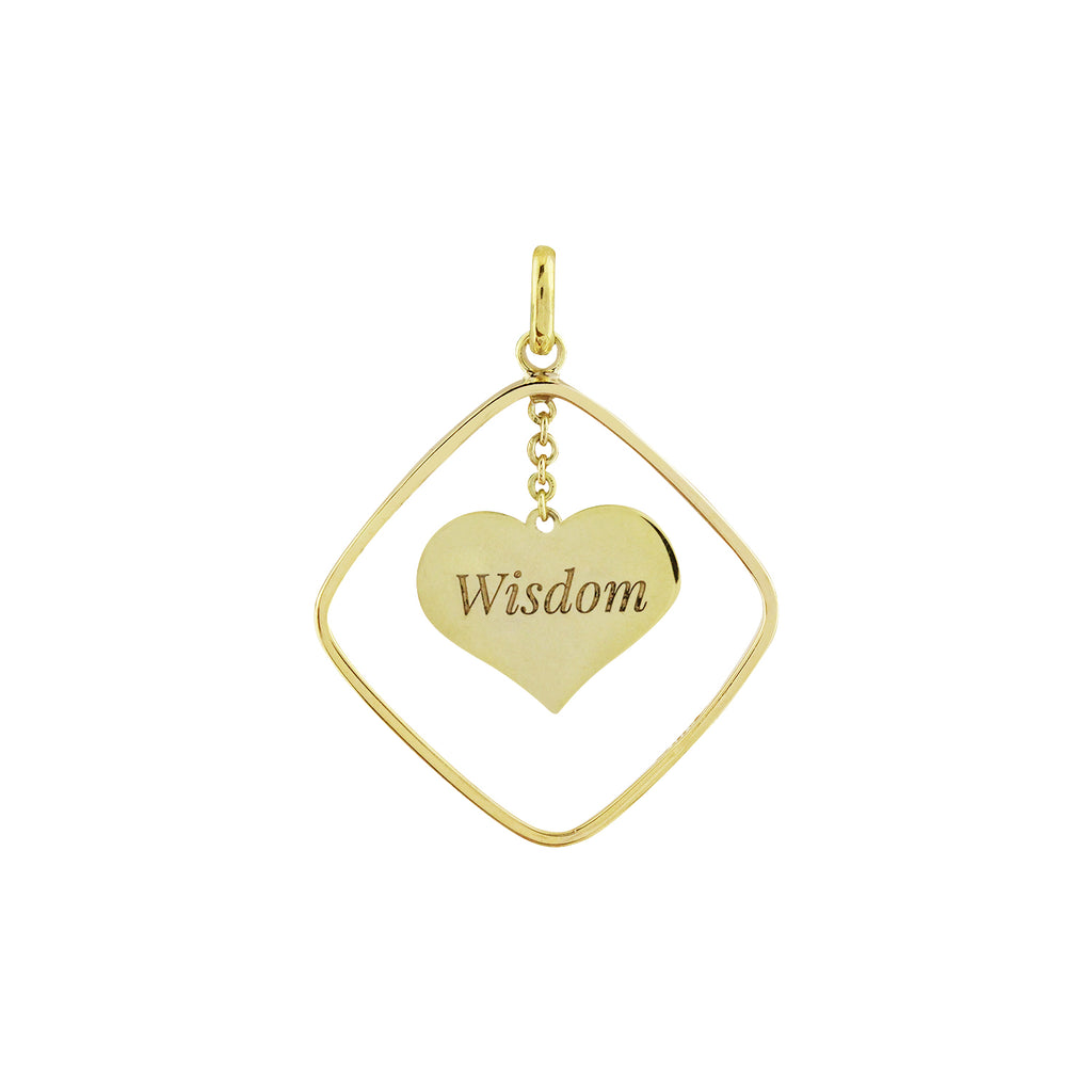 14K Italian Gold Diamond-Shaped Pendant with Swinging Engraved Heart - Wisdom