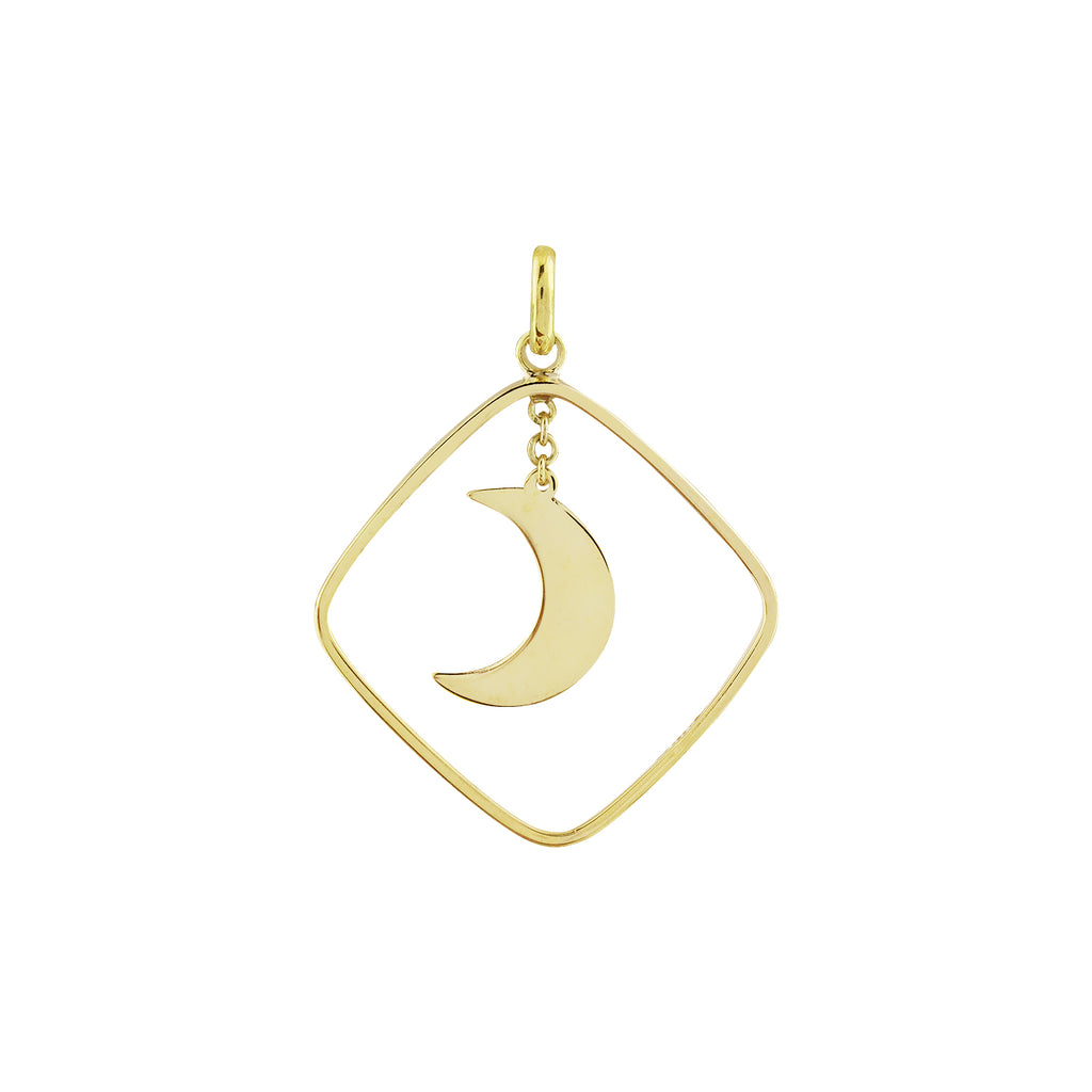 14K Italian Gold Diamond-Shaped Pendant with Swinging Crescent Moon