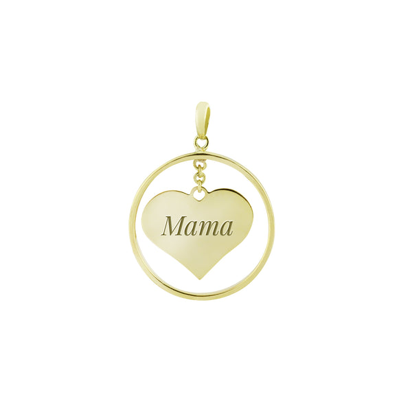 14K Italian Gold Round Pendant with Swinging Engraved Heart - Mama
