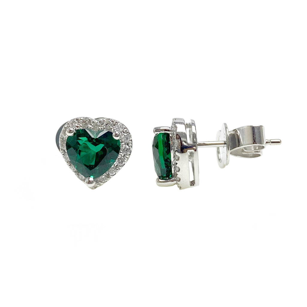 Heart Emerald Stud Earrings in 18K White Gold