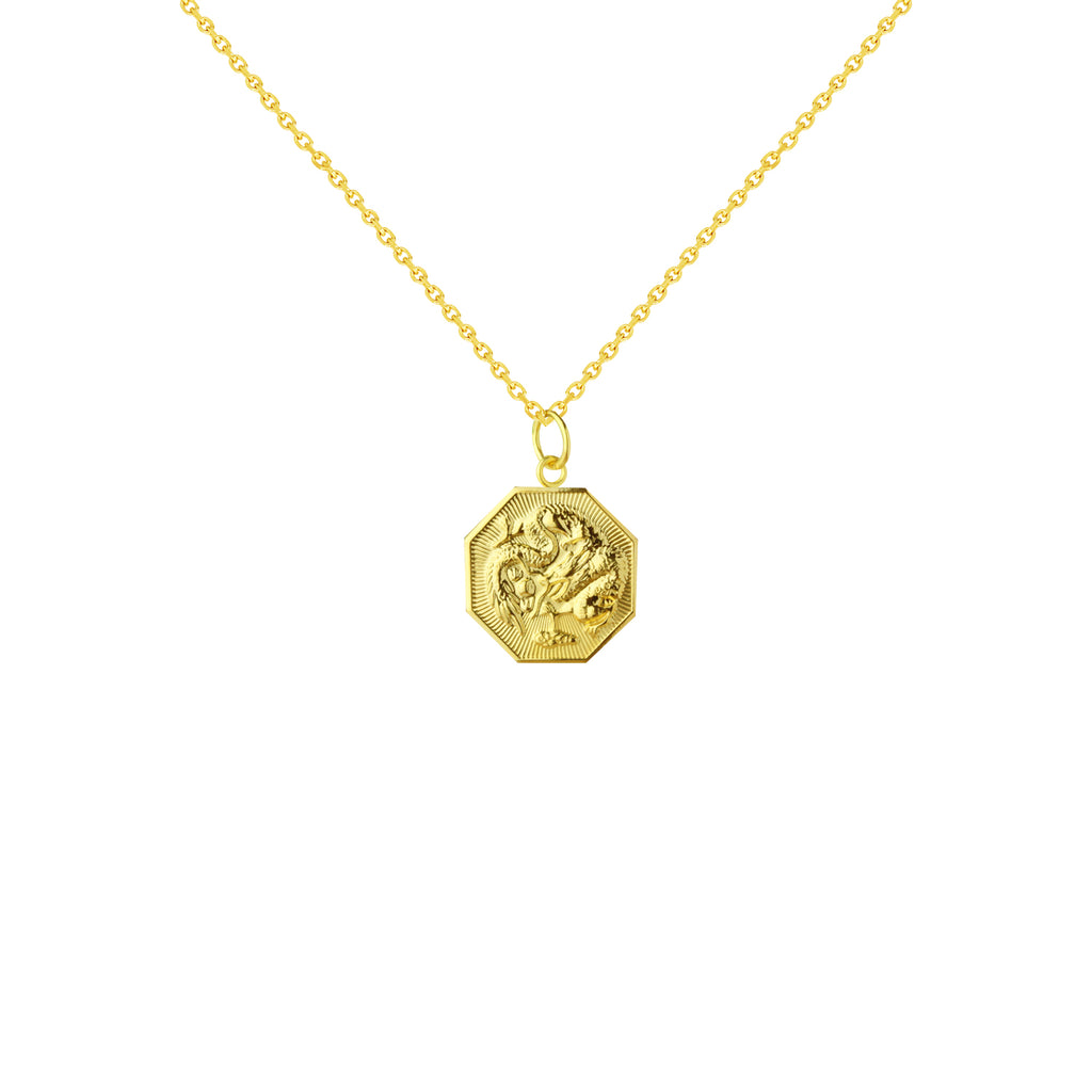 18K Chinese Gold Necklace with Dragon and Luck Reversible Octagon Pendant
