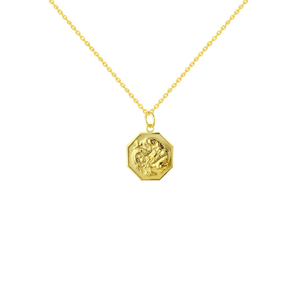 18K Chinese Gold Necklace with Dragon and Luck Reversible Octagon Pendant