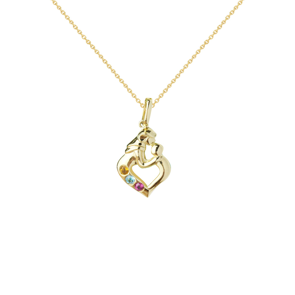 14K Yellow Italian Gold Mother and Child Necklace with Multicolored Gemstones