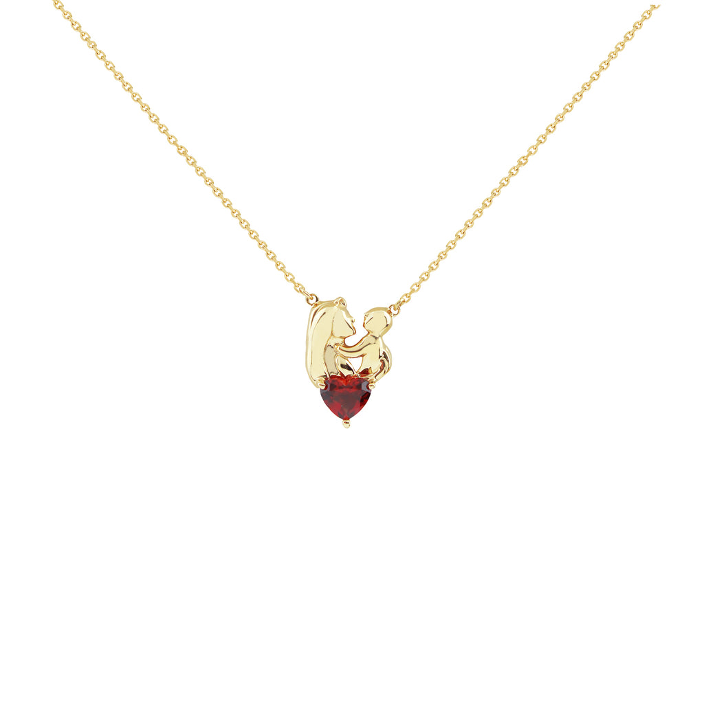 14K Italian Gold Mother and Child Necklace with 0.66ct Garnet Heart