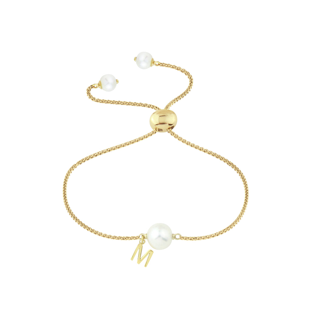 White Freshwater Pearl Friendship Initial Bracelet in 14K Yellow Gold