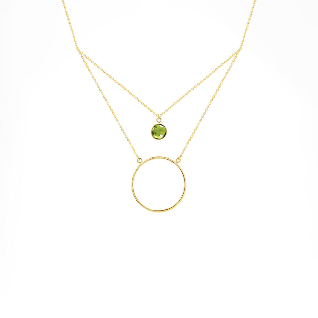 14K Italian Gold Ring Necklace with Checkerboard Peridot Charm